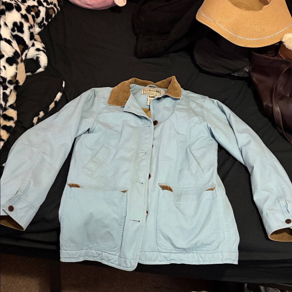 L.L. Bean Light Blue Utility Jacket with Brown Trim